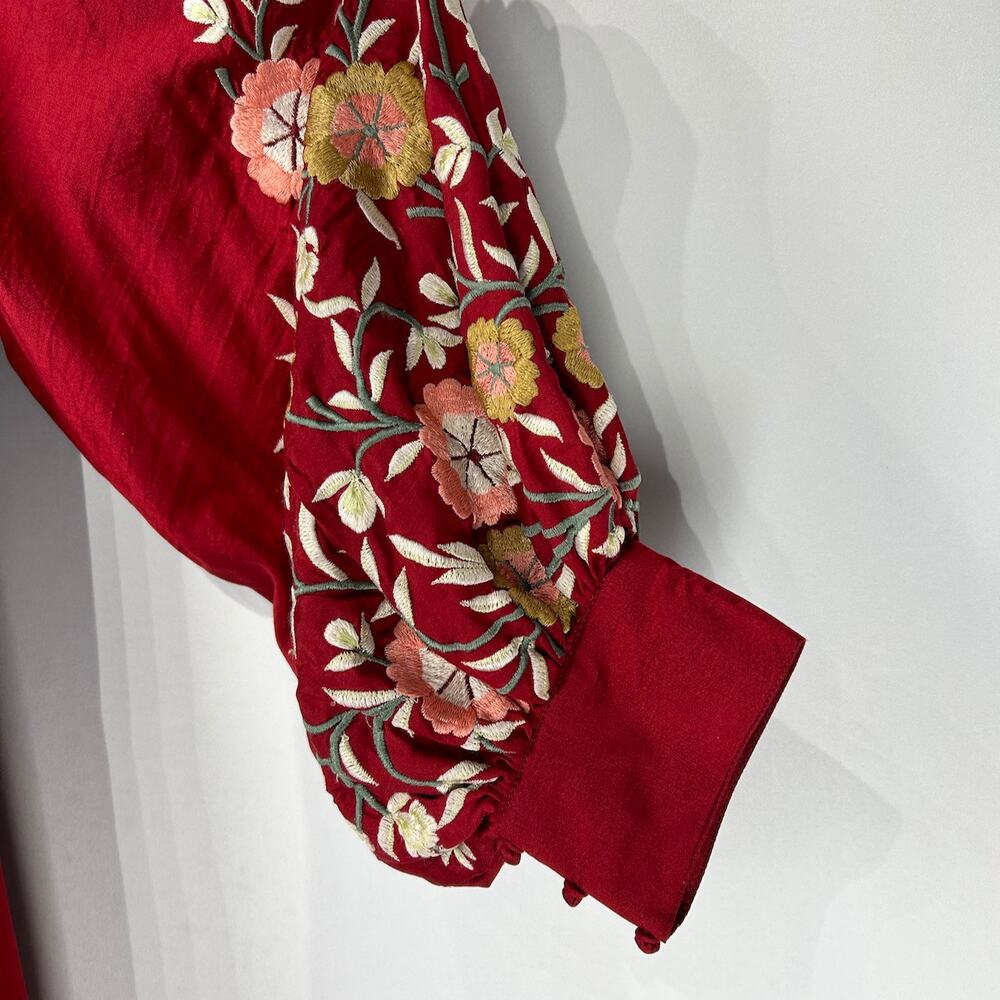 Sue Sartor Silk Moroccan Band Collar Kaftan / Maxi Dress in Cinnabar Red,  Sz L - Picture 8 of 16